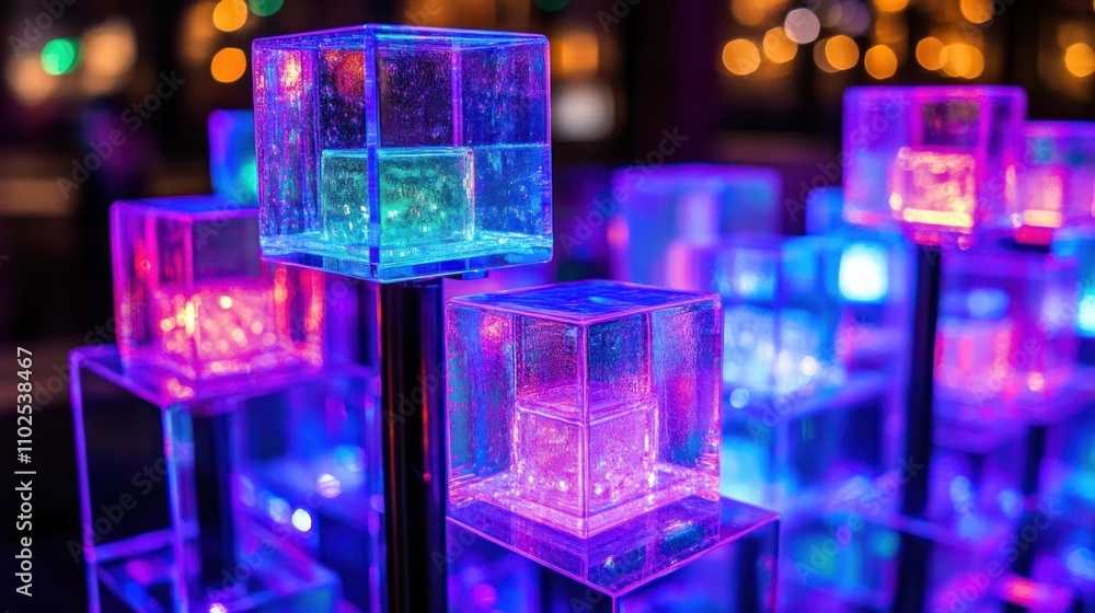 Poster colorful illuminated cubes create a vibrant light display in a nighttime setting.
