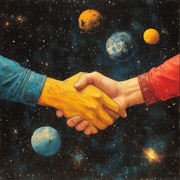 Fototapeta universal collaboration-a symbolic handshake across space representing unity, partnership, and global cooperation among worlds and universe