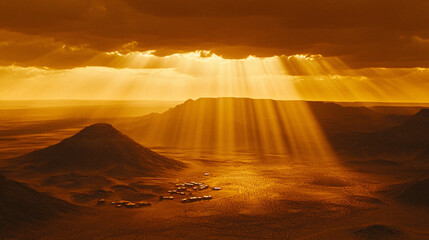 A breathtaking view of golden sunlight filtering through clouds over a rugged landscape, creating a serene and dramatic atmosphere.