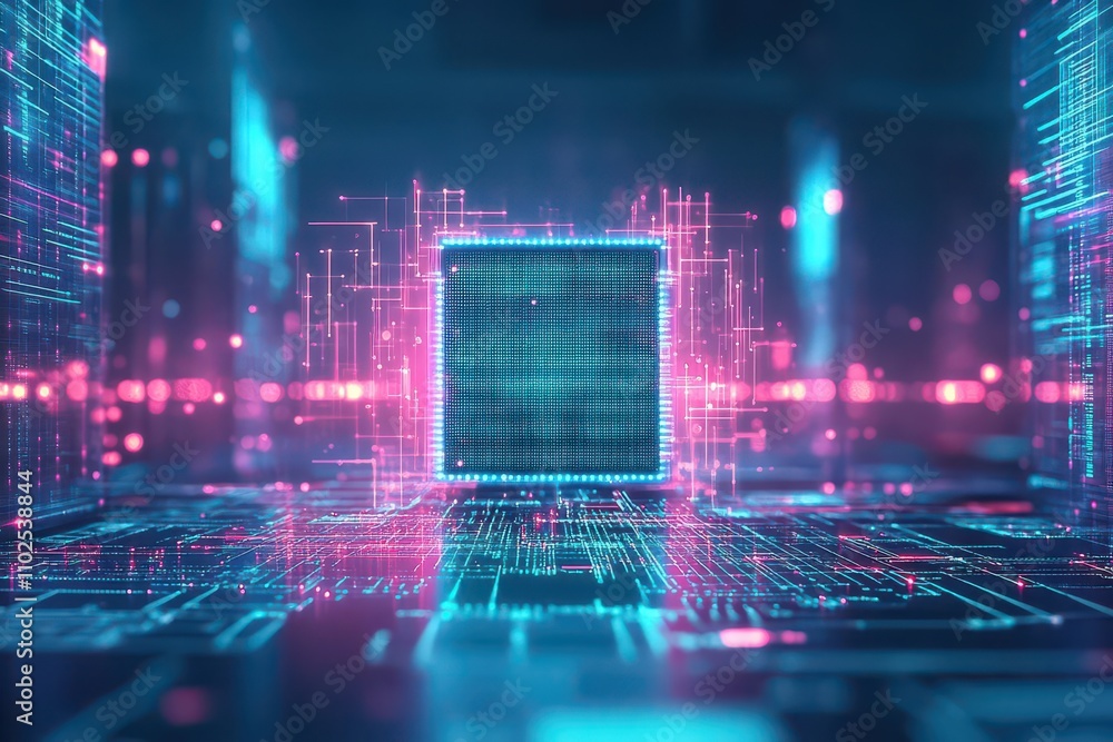 Poster a digital fortress surrounded by glowing firewalls, front view, representing cybersecurity resilienc