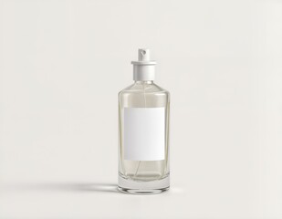 A clear glass spray bottle with a white label and nozzle is set against a plain white background, showcasing a minimalistic and versatile design.