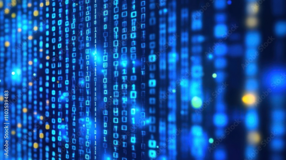 Poster abstract digital background with blue binary code and glowing elements.