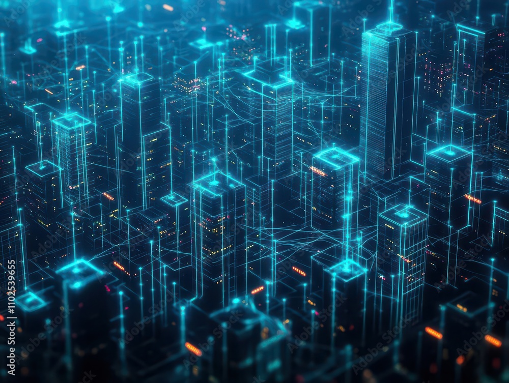 Aufkleber a futuristic cityscape with glowing neurallike data streams connecting skyscrapers