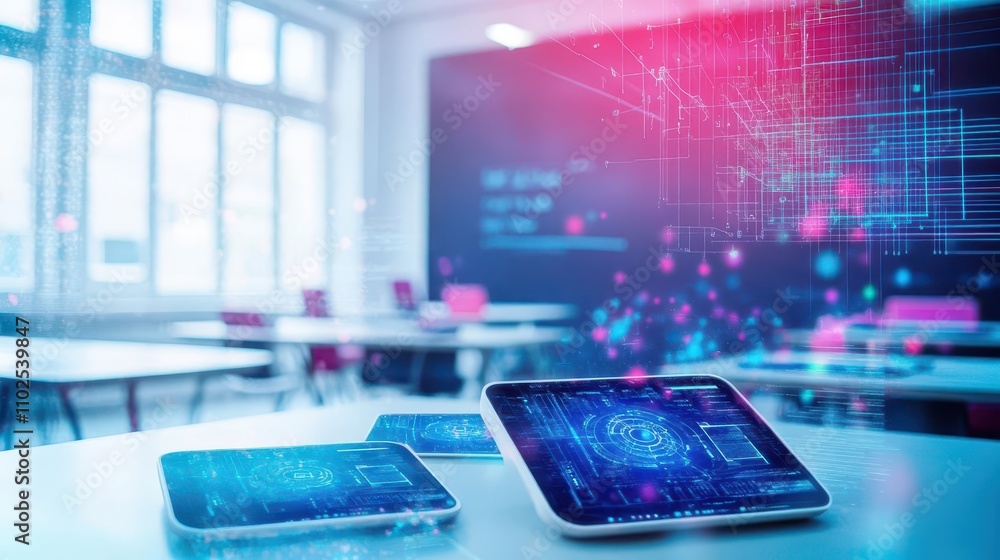 Aufkleber a futuristic classroom where students use holographic tablets interconnected through a central ai