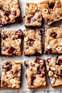 Hazelnut blondies (chocolate chip cookie bars)