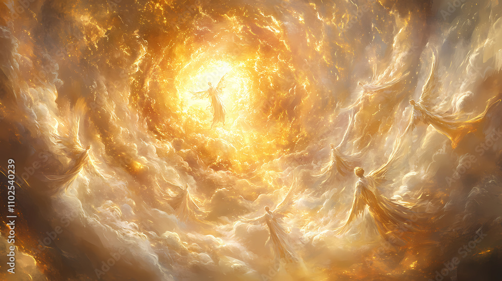 Wall mural Celestial choir of angels ethereal beings with flowing robes and shimmering wings singing amidst swirling cosmic clouds golden light radiating from center. Celestial. Illustration