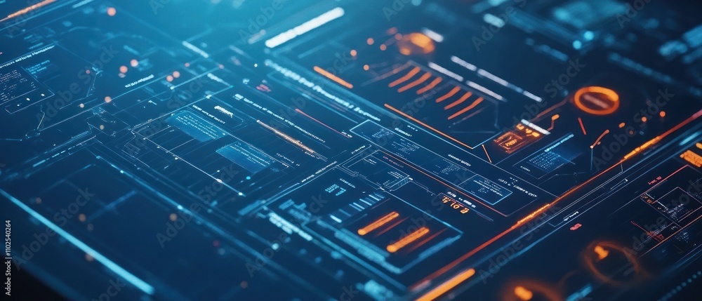 Poster futuristic interface with glowing data displays and graphs for technology visualization.