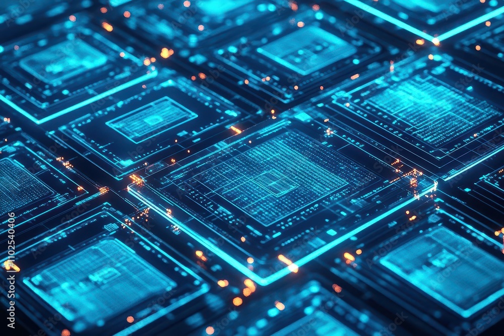 Poster a futuristic network center with glowing blue servers and ai interfaces connecting multiple holograp