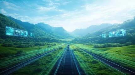A futuristic train powered by renewable energy, running through a lush green valley with holographic billboards, ecotech fusion, digital 3D rendering