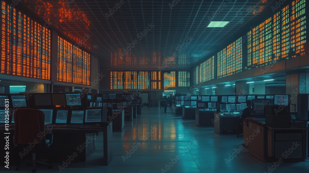 Poster a modern trading floor with screens displaying market data in a dimly lit environment.