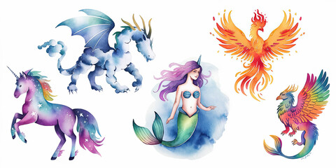 Surreal Watercolor Scene of Five Different Mythical Trees