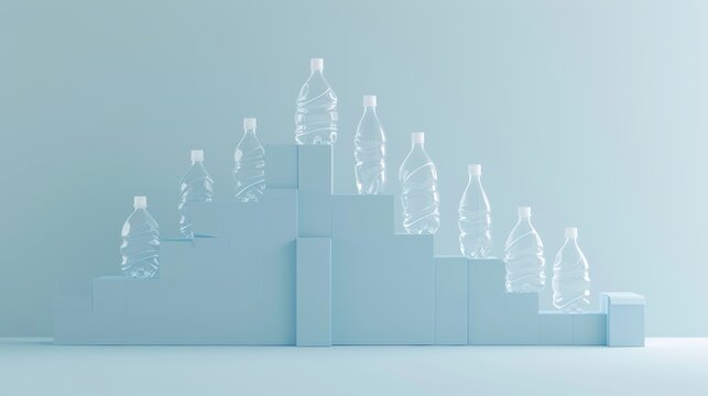 A minimalist abstract image featuring plastic bottles arranged on geometric blue steps, presenting a modern and eco-themed concept. AI generated.