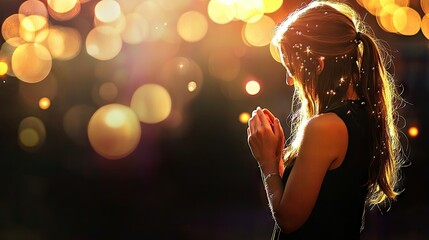 Young Woman with Long Hair Praying in a Glowing Light Background