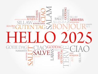 Obraz premium Hello 2025 word cloud in different languages of the world, concept background