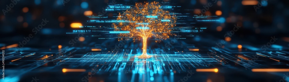 Poster A glowing tree emitting data streams, surrounded by futuristic structures blending seamlessly with nature, biophilic design, surreal digital art