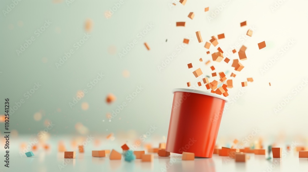 Poster a red cup with colorful cubes bursting out in various directions, creating an abstract and energetic