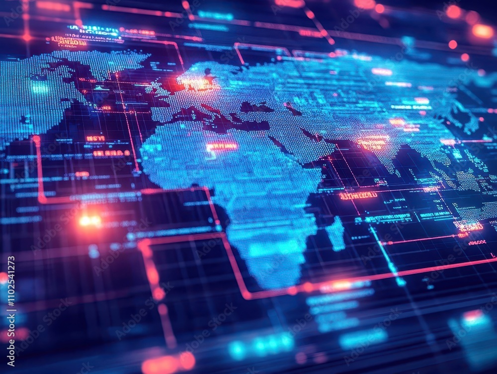 Fototapete a glowing virtual map showing realtime cyberattacks across the globe, top view, representing global 