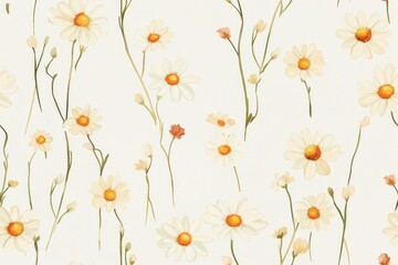 Delicate pattern of white daisies with orange centers on a soft cream background, representing floral beauty and nature's grace, ideal for design projects.