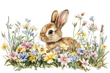 A cute baby bunny hiding in a patch flowers, illustrated in watercolor, isolated against a transparent background.