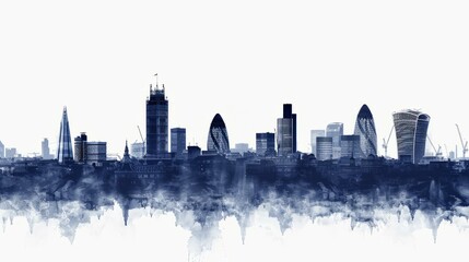Silhouette of London skyline with iconic landmarks and modern architecture in watercolor style
