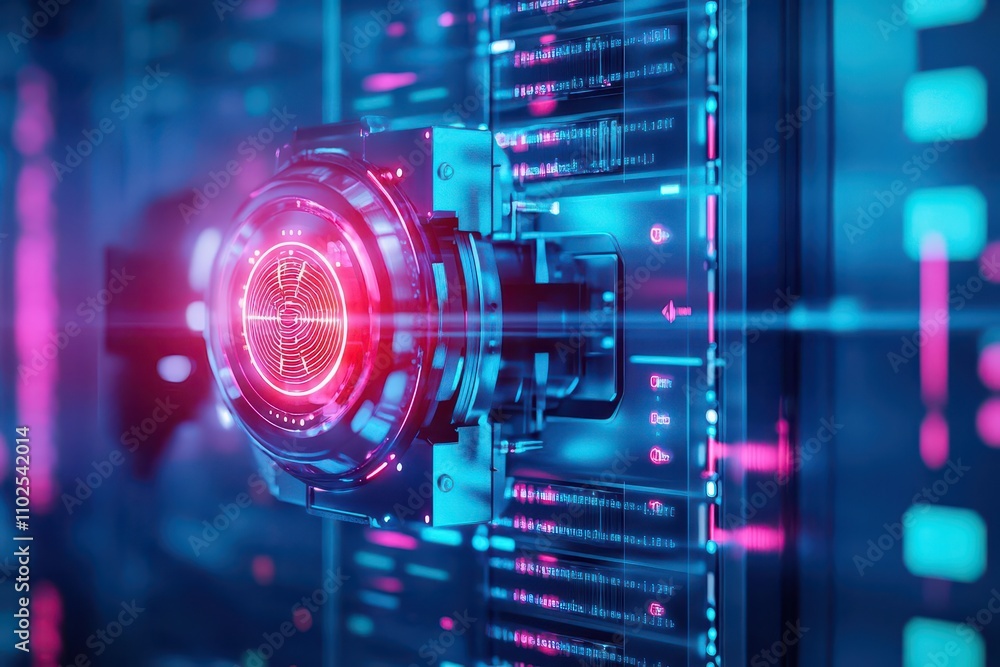 Fototapete A humanoid AI bot securing a virtual vault with biometric verification, top view, showcasing data encryption, futuristic tone, Complementary Color Scheme
