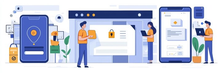 Characters using Cyber Security Services to Share Documents, Contracts and Protect Personal Data