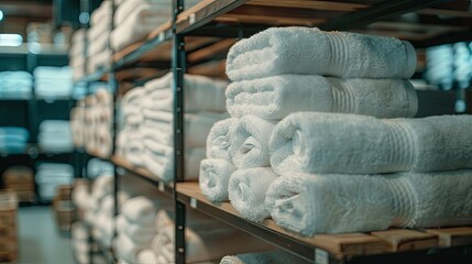 Stacked White Bath Towels on Wooden Shelves in a Store