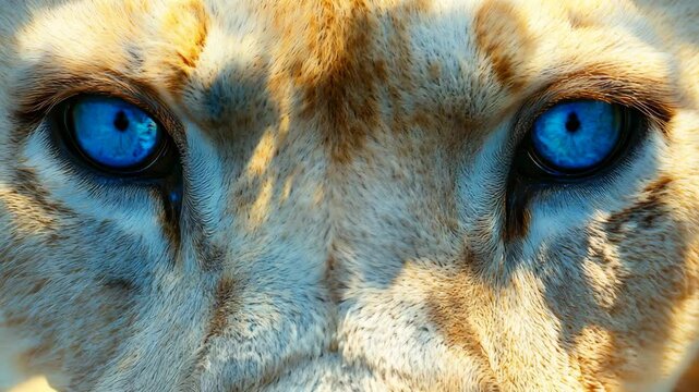 Close-up of the muzzle of an adult albino lion with blue eyes. The predator stares intently straight into the camera. Natural background. for cover, card, interior design, brochure, etc. 4K Video