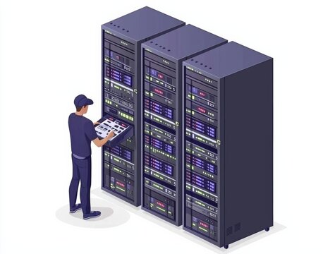 Character staying near control panel and managing files and data on cloud web server