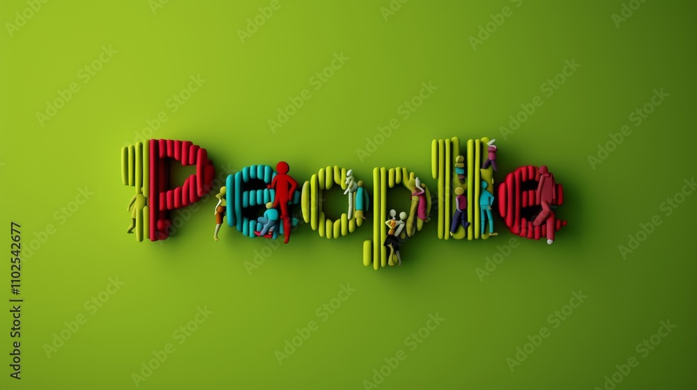 Poster a vibrant and playful 3d rendering of the word people created from multicolored human figures. the l