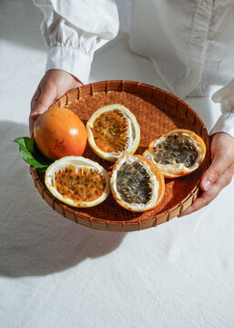 fresh passion fruit, Passiflora ligularis, sweet granadilla or grenadia