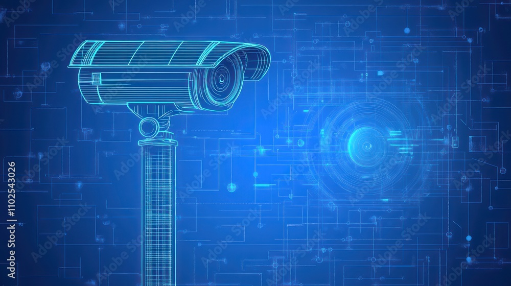 Poster a digital representation of a surveillance camera with a tech-inspired background.