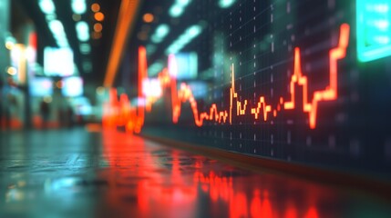 A glowing stock market display with fluctuating data in bright red hues contrasts against a futuristic urban environment. The blurred lights in the background evoke the fast-paced world of finance. AI