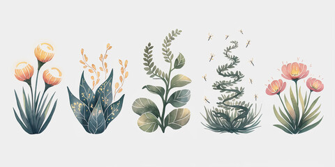 Obraz premium Watercolor Illustration of Five Enchanted Plants