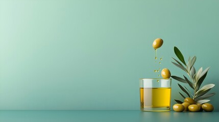 Olive Oil in Glass with Olives and Branch