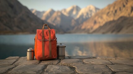 Orange Backpack and Metal Canisters at Lakeside Location