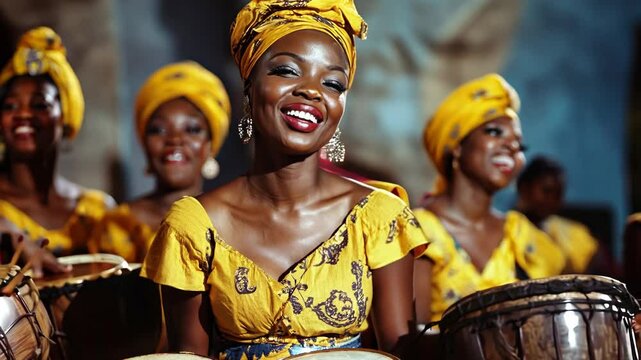Drums and singing are being played in the background by a group of black women. 4K Video