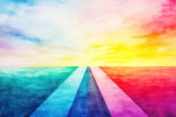 A radiant sunrise watercolor over two pathways, symbolizing choices in work and life, merging into a single harmonious trail