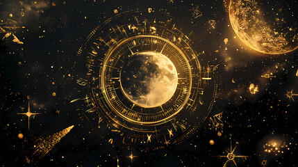 A beautifully crafted image featuring golden celestial sun and moon elements, adorned with intricate designs and patterns, perfect for conveying cosmic and divine themes. Celestial. Illustration