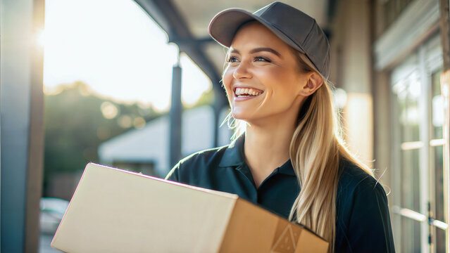 Portrait of pretty blonde female in uniform, delivery worker, woman delivering package, people at work, blue collar job