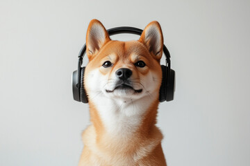 ワイヤレスヘッドフォンで音楽を聴く柴犬
