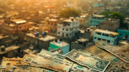 Naklejka premium Dollar bills scattered across a rooftop, set against the backdrop of a blurred city, representing financial success and urban prosperity. AI generated.