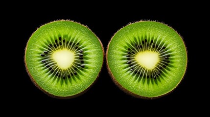 Two Halved Kiwifruits on Black Background