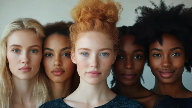 Portrait of multiracial women in studio looking at camera over grey background. Generative AI 4K Video