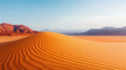 Fototapeta premium A sand dune rippled by the wind, golden hour light emphasizing intricate textures, wideangle lens, cinematic style