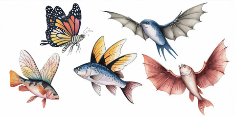 Fototapeta premium Watercolor Illustration of Five Flying Fish