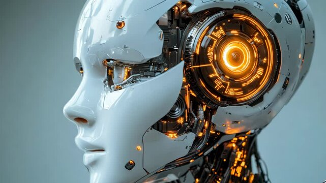 Closeup of a Futuristic White Robot's Head with Glowing Internal Circuits. 4K Video