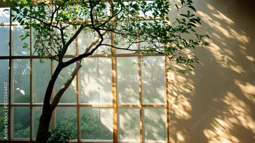 Poster shadow of tree branch on window and wall with sunlight filtering through wood, highlighting the arch