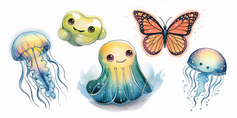 Watercolor Illustration of Five Glowing Creatures