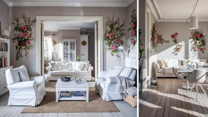 Luxe living room with polished wood finishes textured fabrics and soft ambient lighting.
